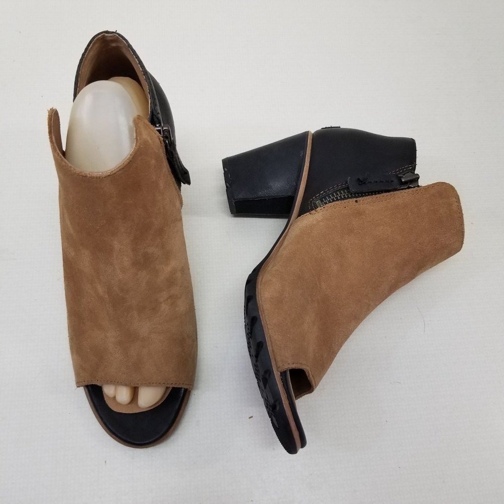 Sorel 9.5‎ Leather 2 Tone Black Brown Heeled Open Toe Booties NADIA